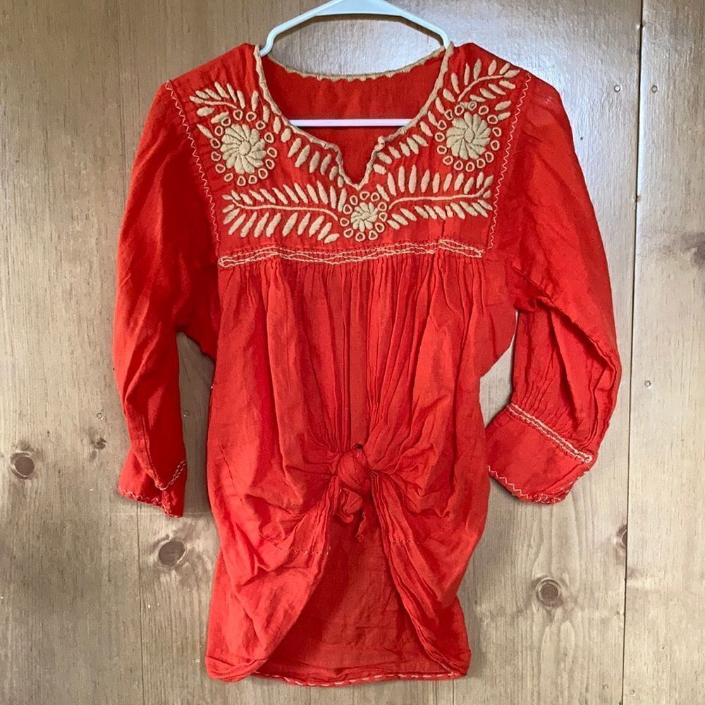 Vintage Tie-Front Embroidered Top